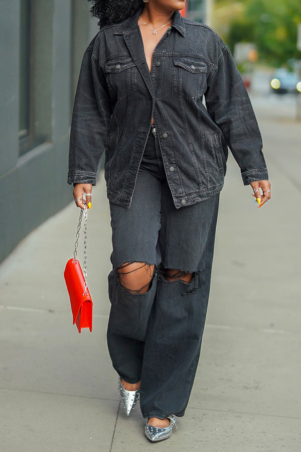 Casual Black Straight Leg Ripped Jeans