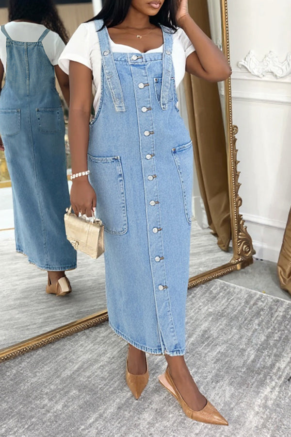 Casual Single Breasted Denim Overall Dress*