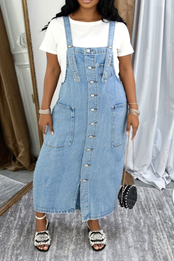 Casual Single Breasted Denim Overall Dress*