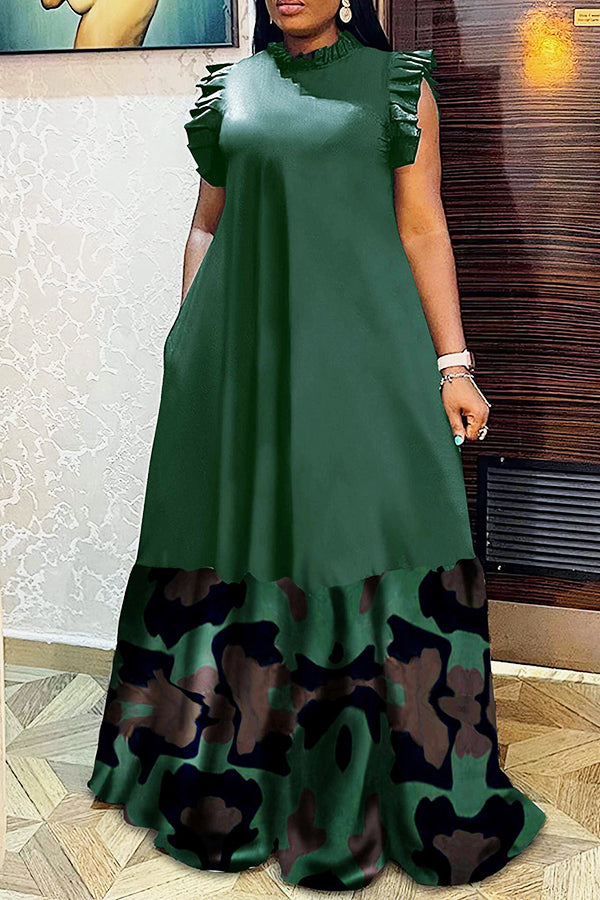 Holiday Ruffle Sleeve Patchwork Printed Dress*