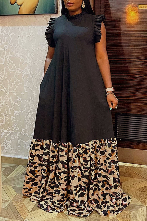 Holiday Ruffle Sleeve Patchwork Printed Dress*