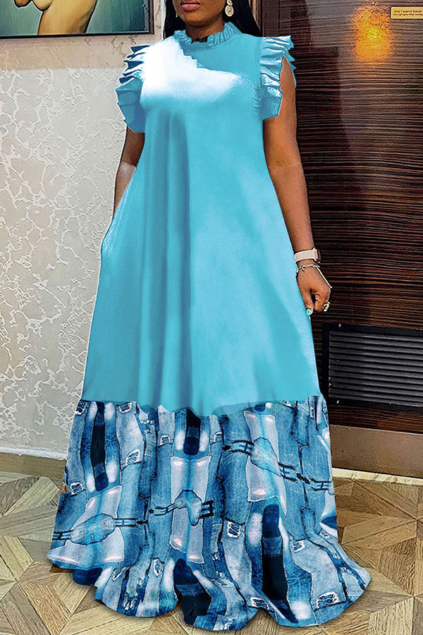 Holiday Ruffle Sleeve Patchwork Printed Dress*