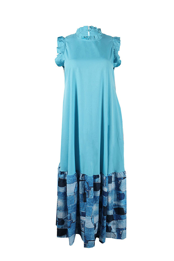 Holiday Ruffle Sleeve Patchwork Printed Dress*