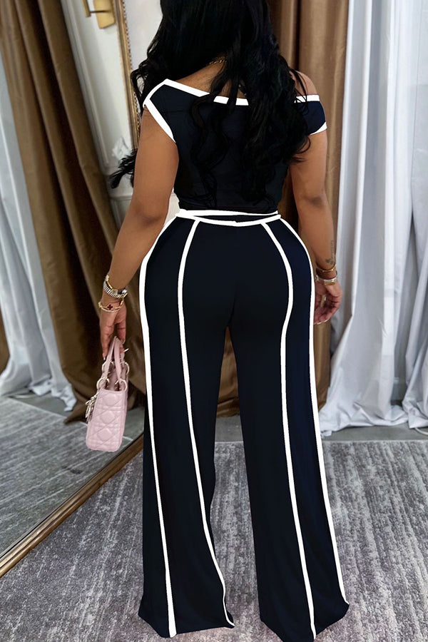 Casual Off Shoulder Top & Patchwork Line High Waisted Pants Set*