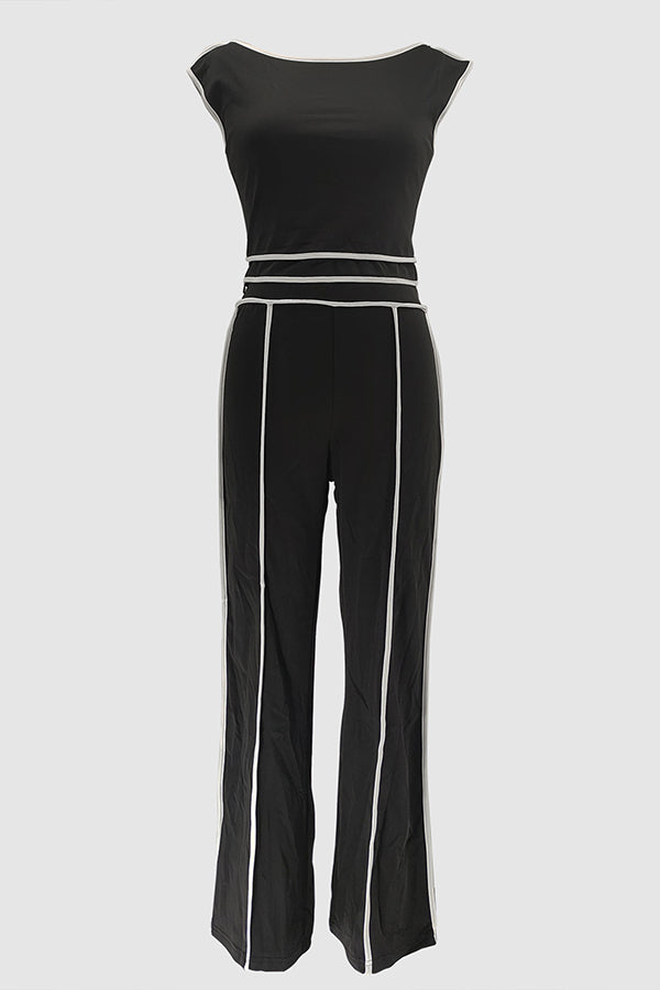 Casual Off Shoulder Top & Patchwork Line High Waisted Pants Set*