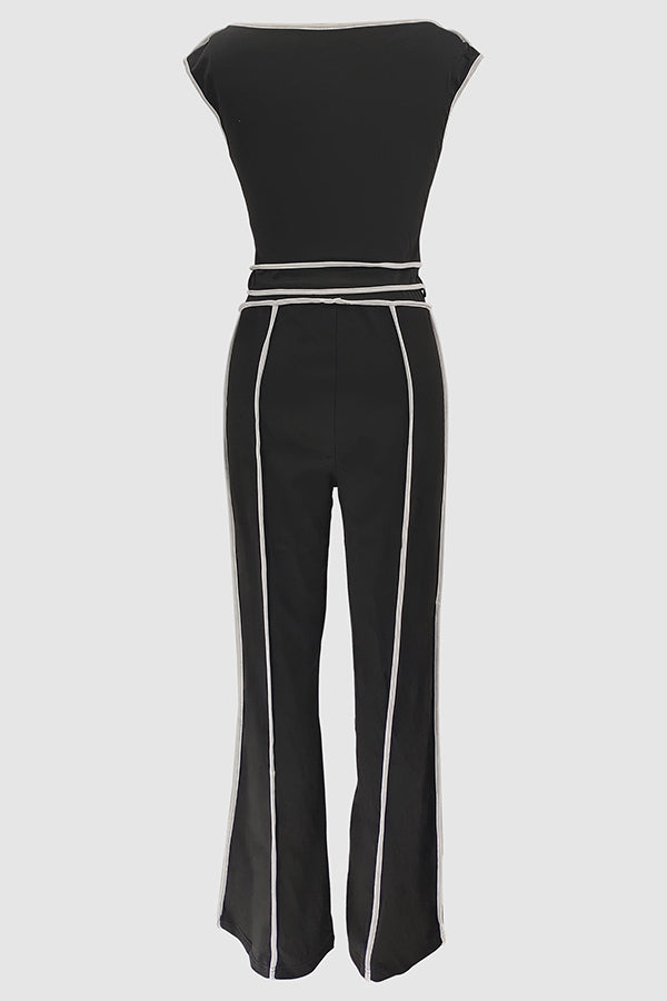 Casual Off Shoulder Top & Patchwork Line High Waisted Pants Set*