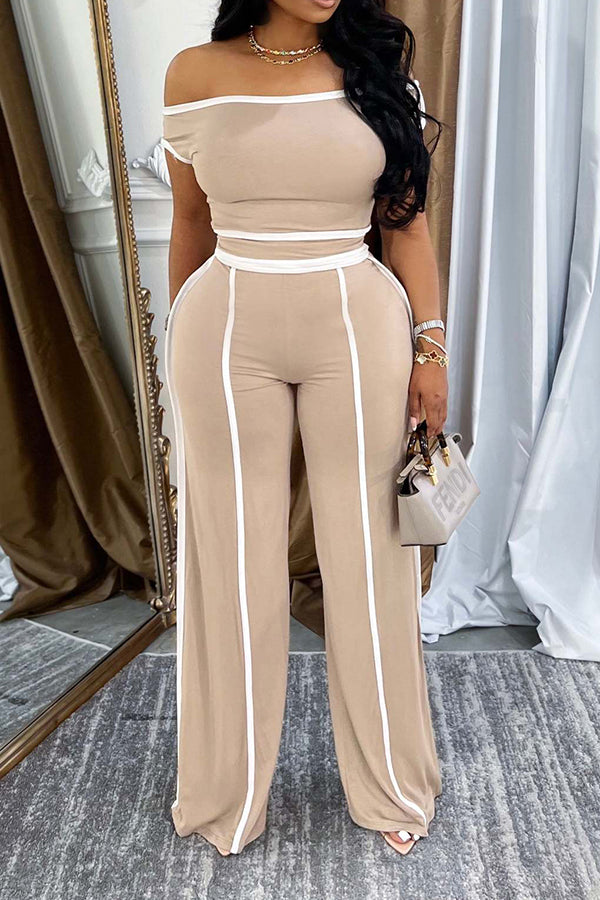 Casual Off Shoulder Top & Patchwork Line High Waisted Pants Set*