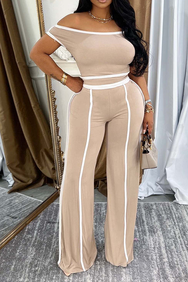 Casual Off Shoulder Top & Patchwork Line High Waisted Pants Set*
