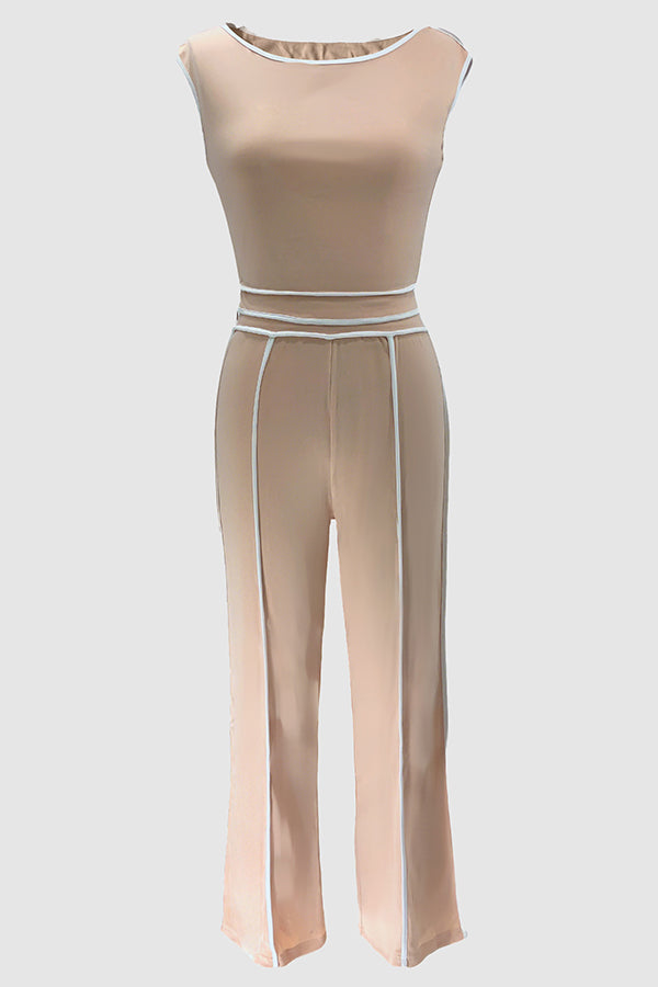 Casual Off Shoulder Top & Patchwork Line High Waisted Pants Set*