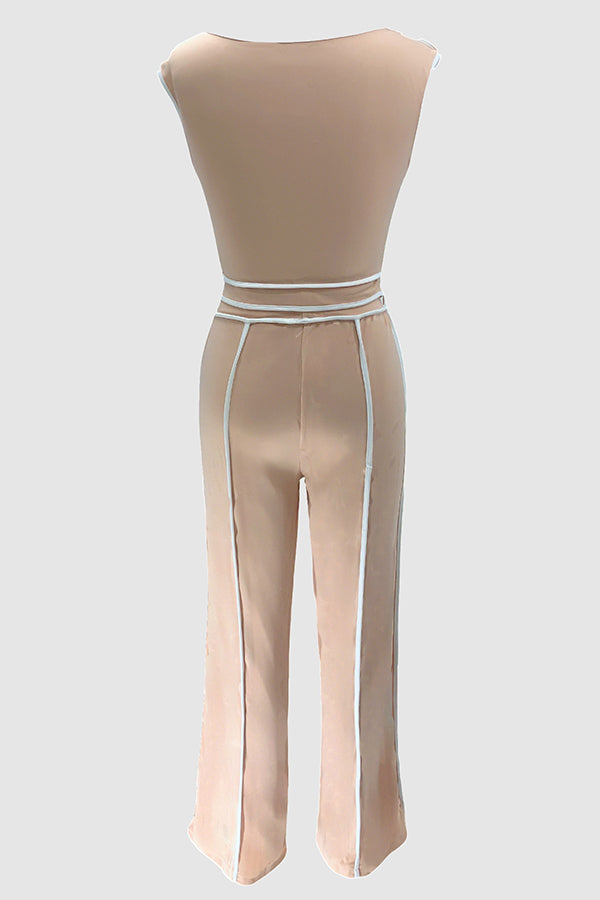 Casual Off Shoulder Top & Patchwork Line High Waisted Pants Set*