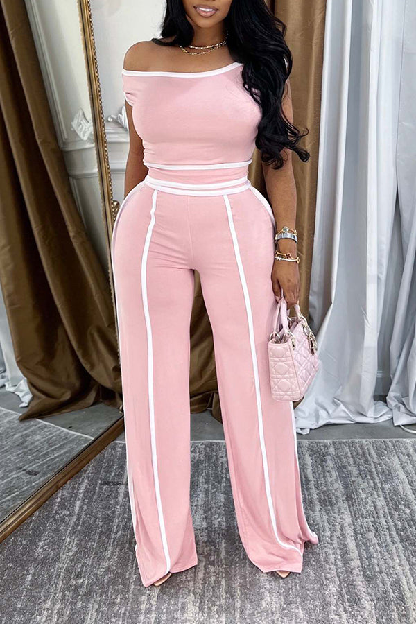 Casual Off Shoulder Top & Patchwork Line High Waisted Pants Set*