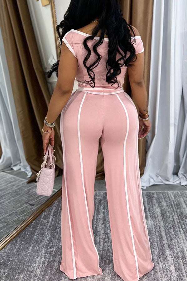 Casual Off Shoulder Top & Patchwork Line High Waisted Pants Set*