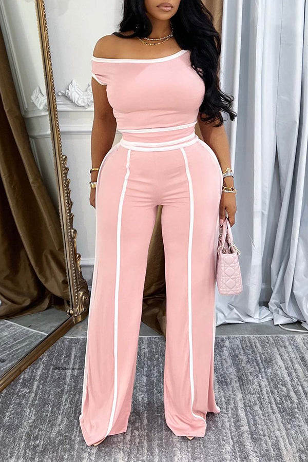 Casual Off Shoulder Top & Patchwork Line High Waisted Pants Set*
