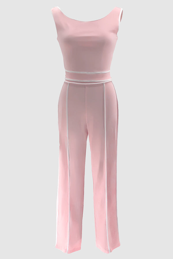 Casual Off Shoulder Top & Patchwork Line High Waisted Pants Set*