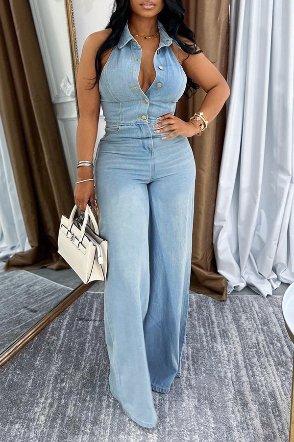 Fashionable Halter Neck And Leaky Back Denim Jumpsuit*