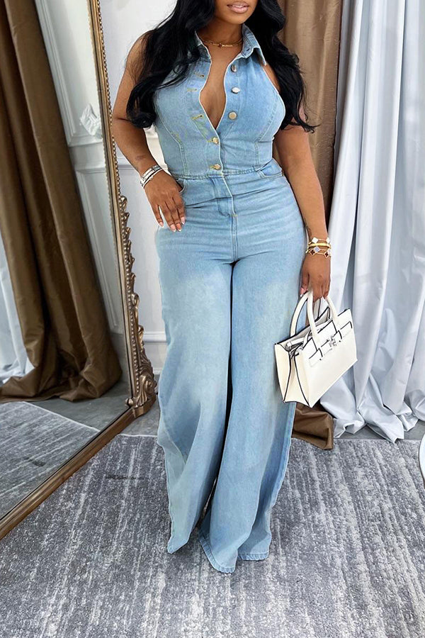 Fashionable Halter Neck And Leaky Back Denim Jumpsuit*