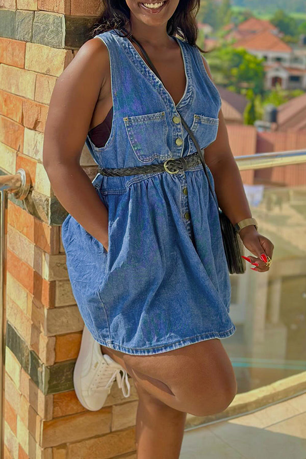 Casual Pocket Single Breasted Sleeveless Denim Dress*