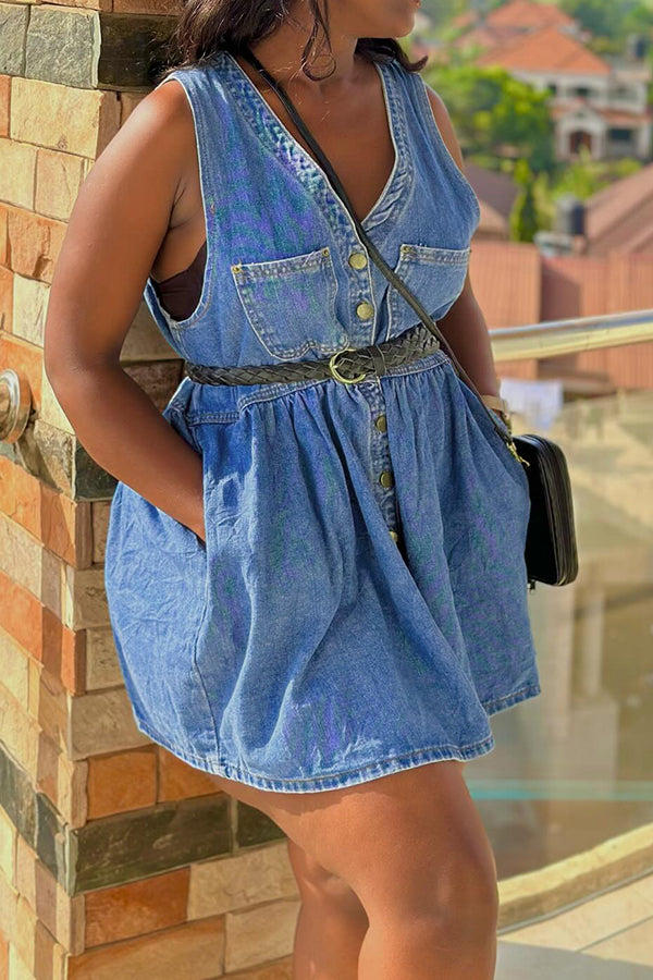 Casual Pocket Single Breasted Sleeveless Denim Dress*