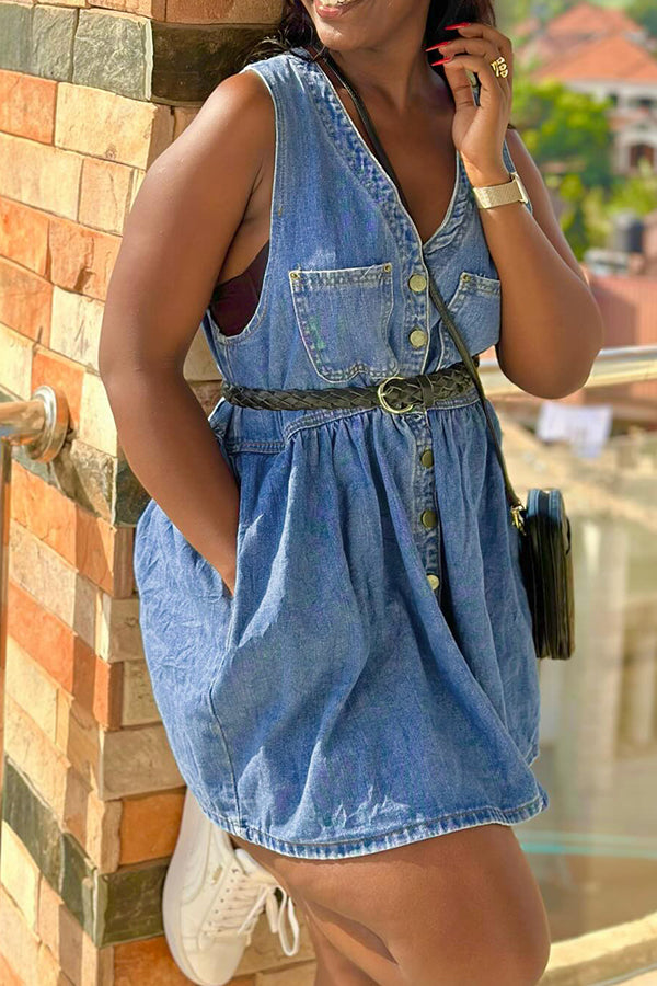 Casual Pocket Single Breasted Sleeveless Denim Dress*
