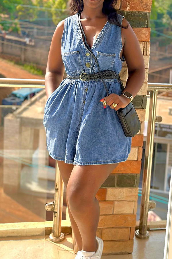 Casual Pocket Single Breasted Sleeveless Denim Dress*