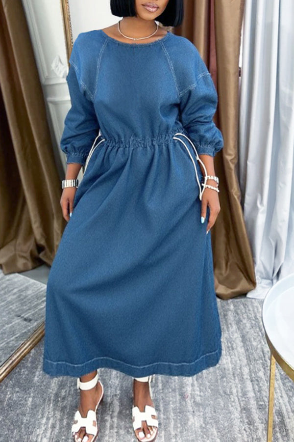 Casual Round Neck Drawstring Denim Dress*