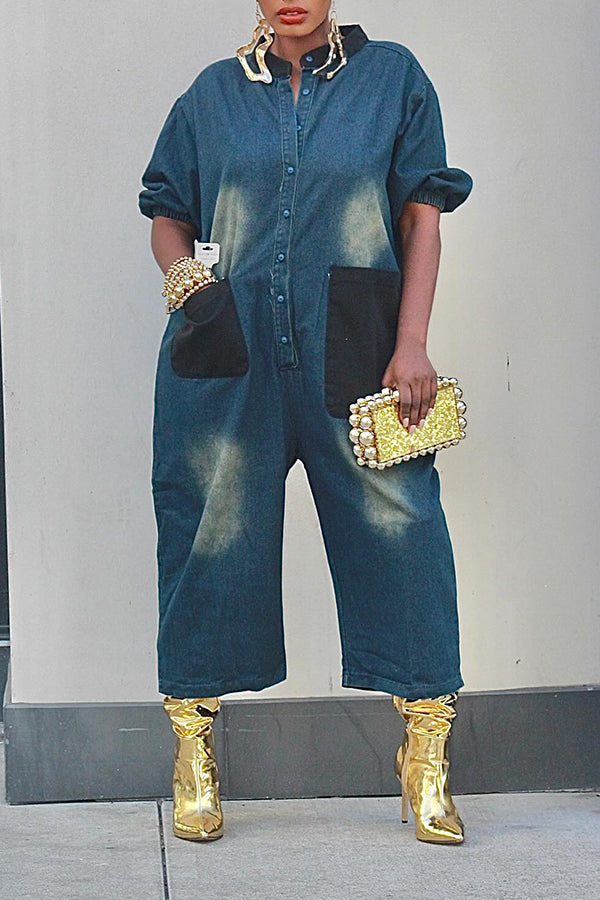 Retro Lazy Style Wide Leg Patch Large Pocket Jumpsuit*