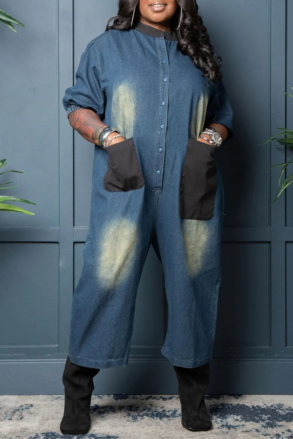 Retro Lazy Style Wide Leg Patch Large Pocket Jumpsuit*