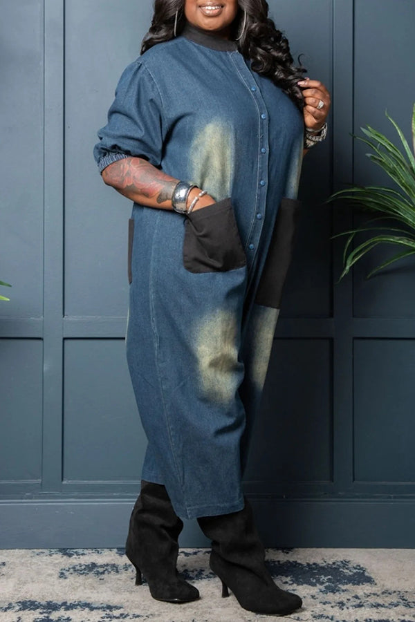 Retro Lazy Style Wide Leg Patch Large Pocket Jumpsuit*