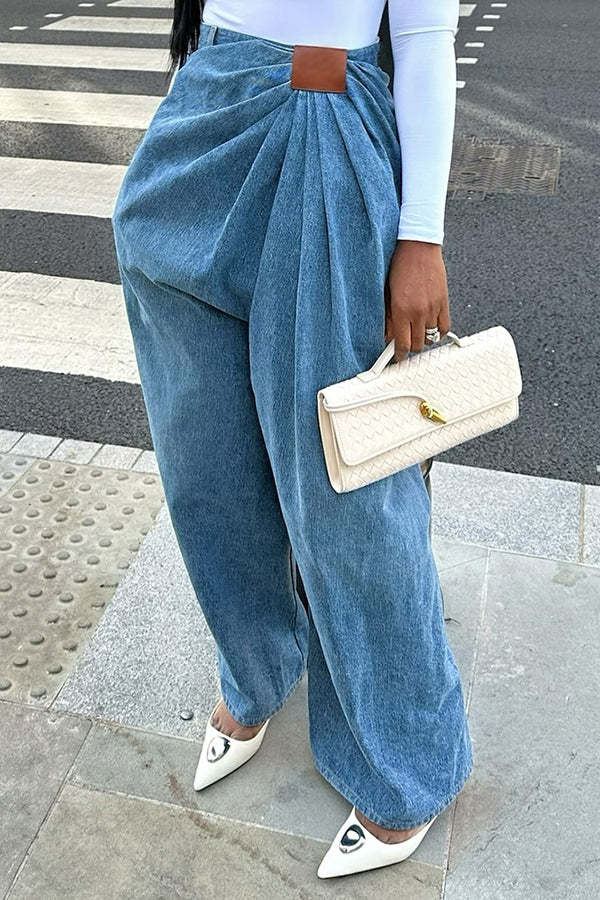 Streetwear Pleated Drape Wide Leg Jeans*