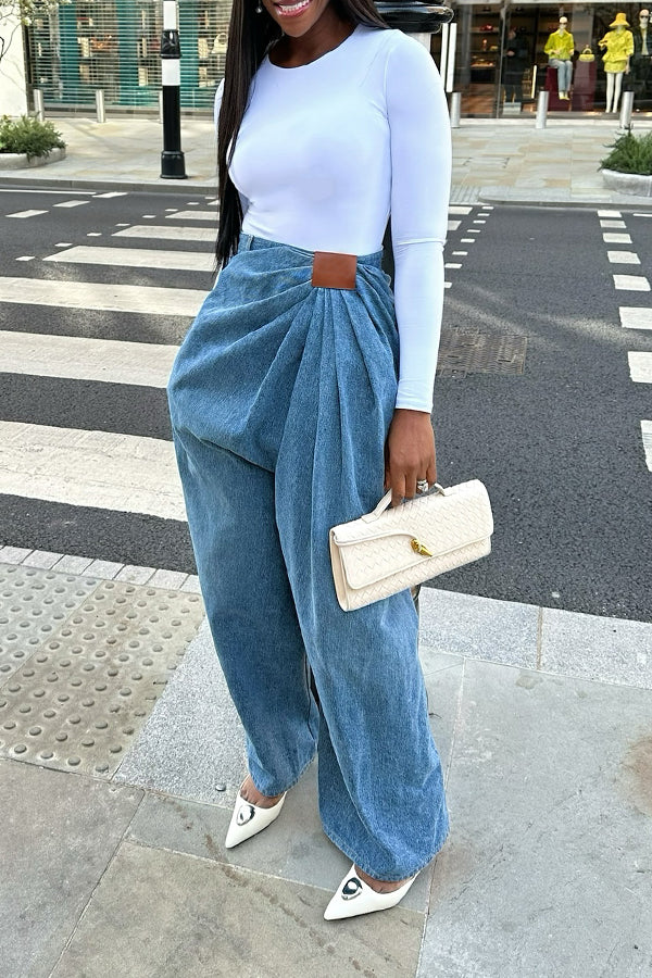 Streetwear Pleated Drape Wide Leg Jeans*
