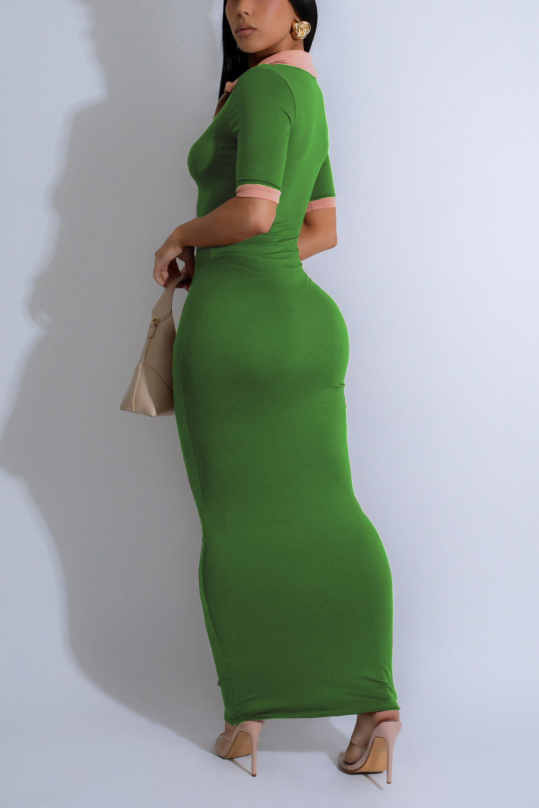 Casual Polo Neck Hip Hugging Colorblock Dress*