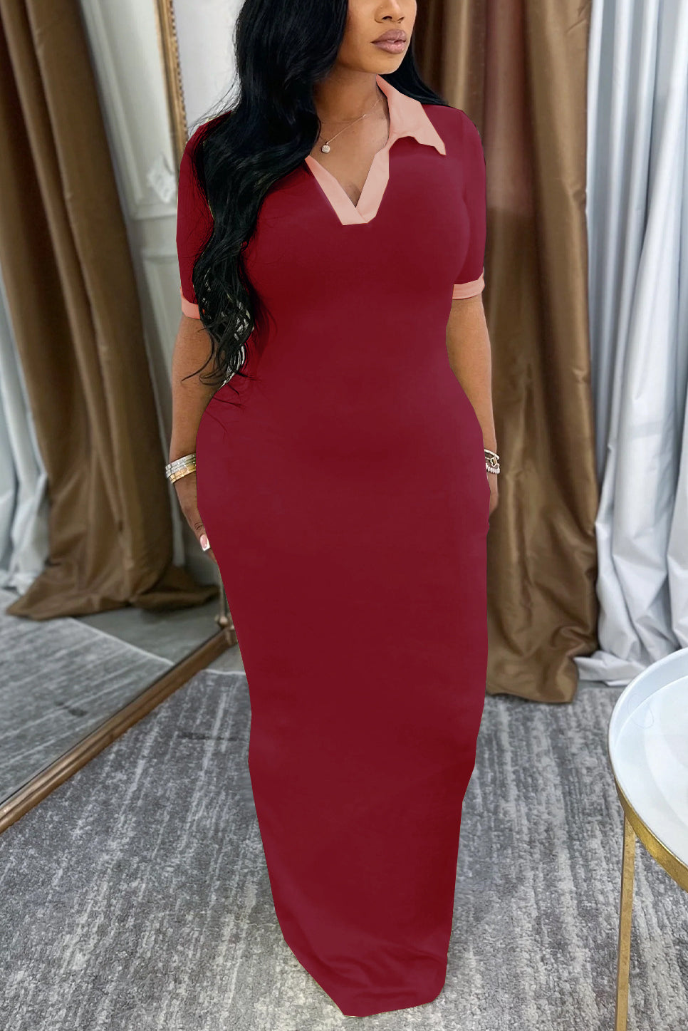 Casual Polo Neck Hip Hugging Colorblock Dress*