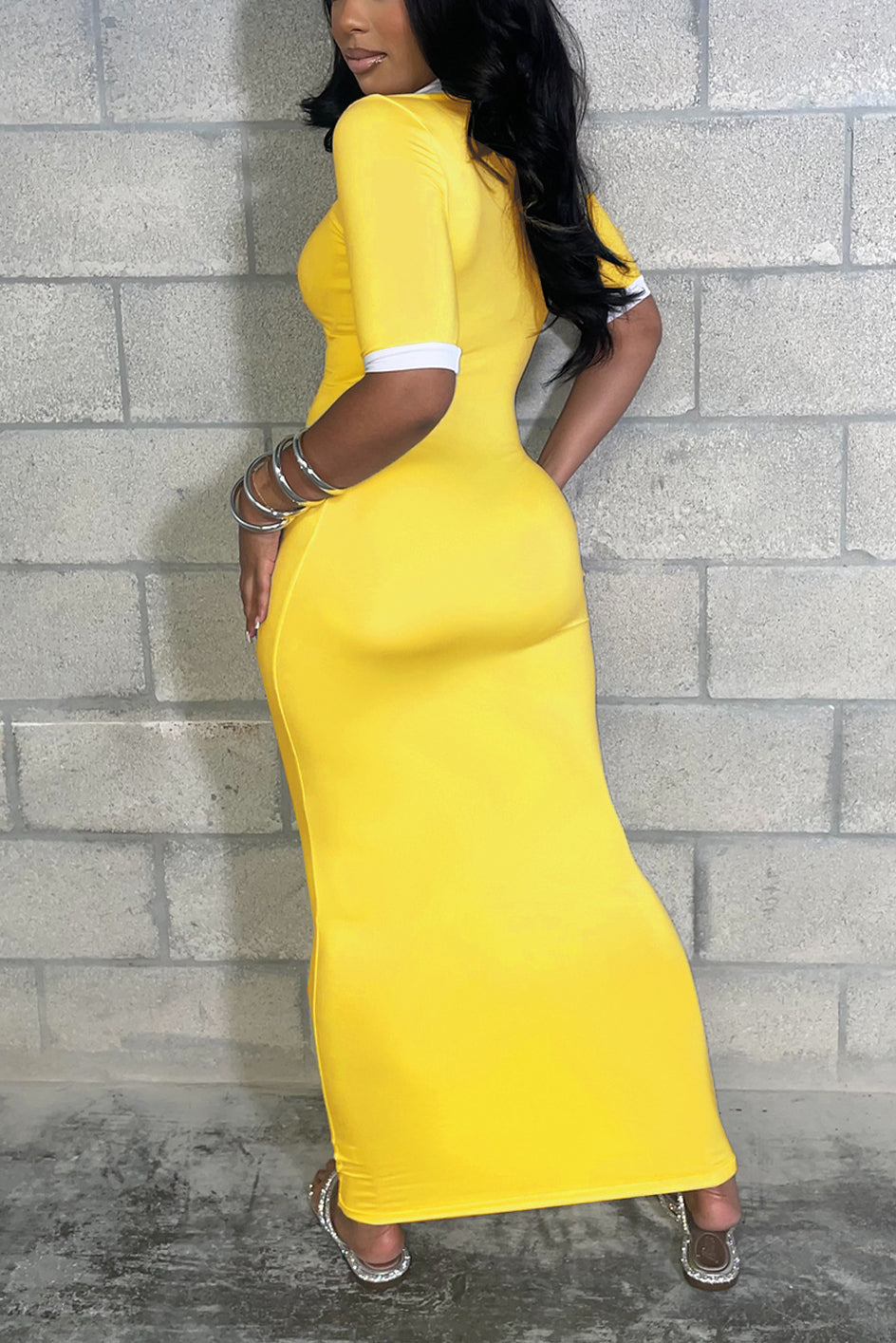 Casual Polo Neck Hip Hugging Colorblock Dress*