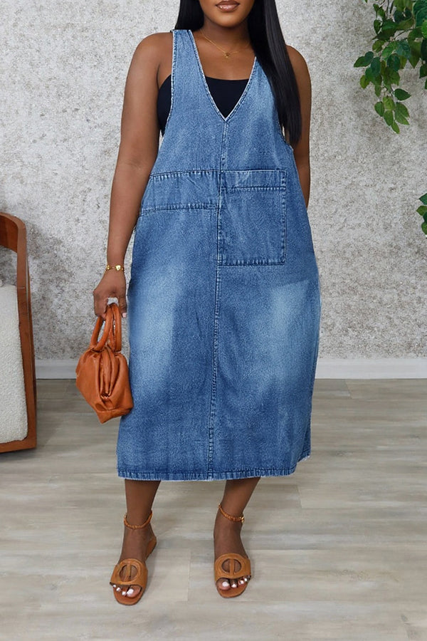 Casual V Neck Slit Bleached Denim Dress*
