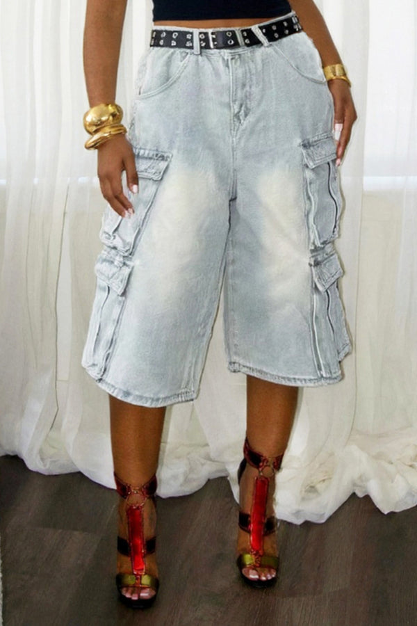 Street Washed Distressed Multi Pocket Denim Shorts*