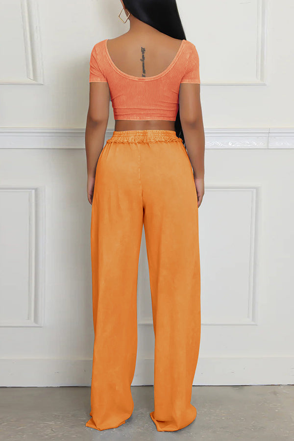 Casual U Neck Top & Distressed Wide Leg Pants Set*