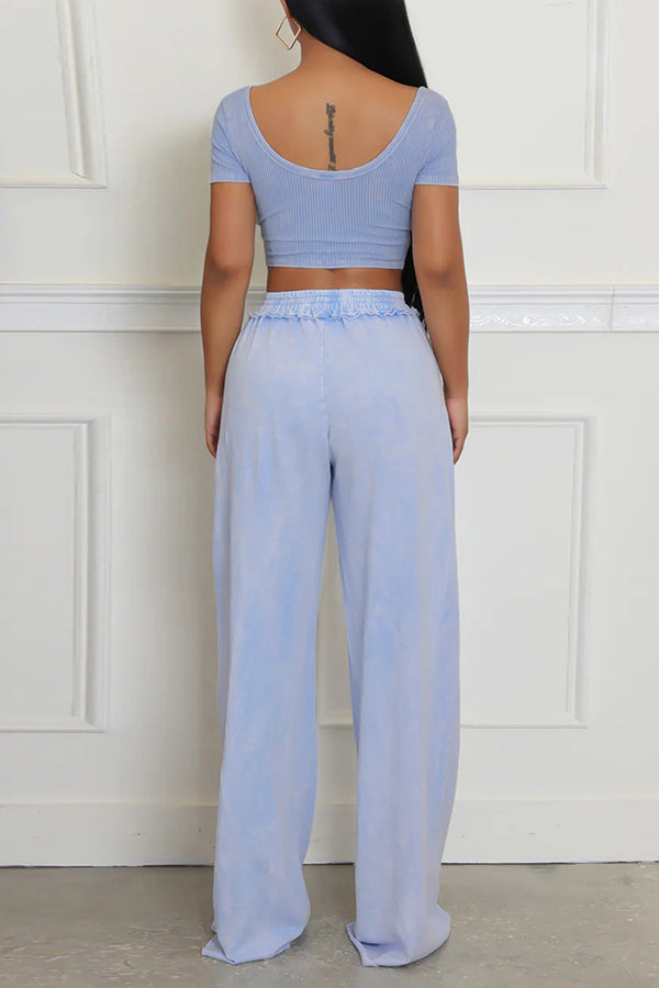 Casual U Neck Top & Distressed Wide Leg Pants Set*