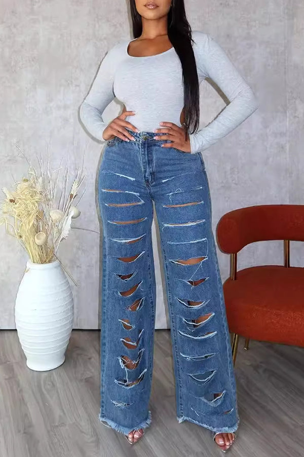 Fashion Personality Ripped Straight Jeans*