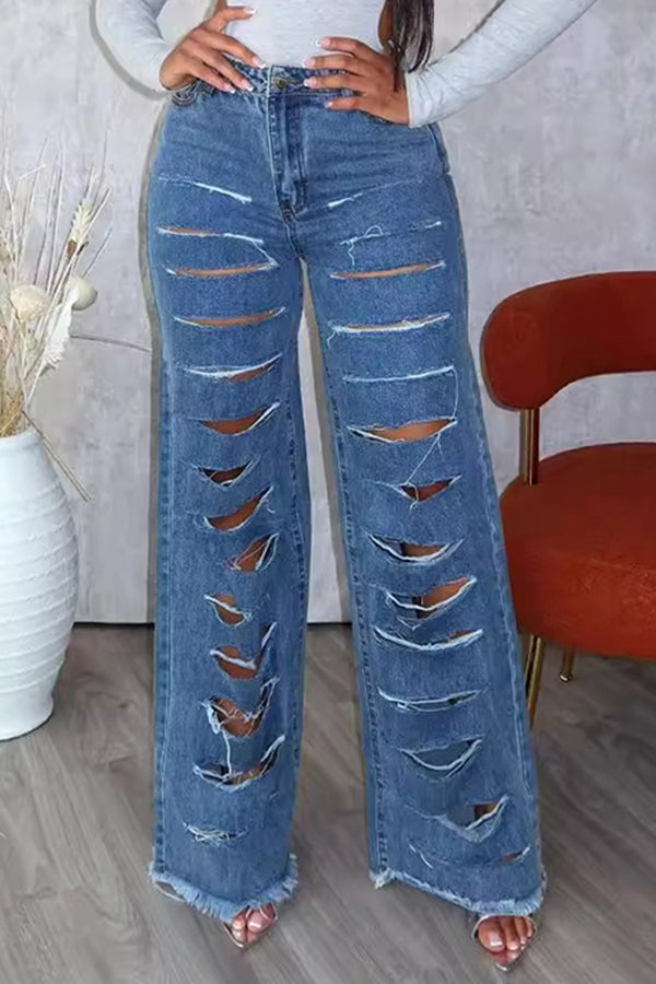 Fashion Personality Ripped Straight Jeans*