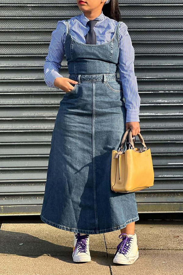 Casual Suspender Washed Denim Dress*