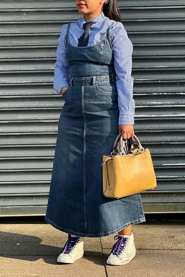 Casual Suspender Washed Denim Dress*