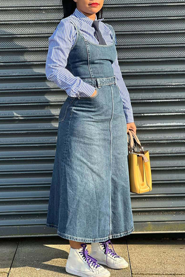 Casual Suspender Washed Denim Dress*
