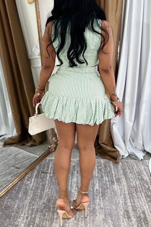 Fashion Lapel Striped Vest & Flower Bud Skirt Set*