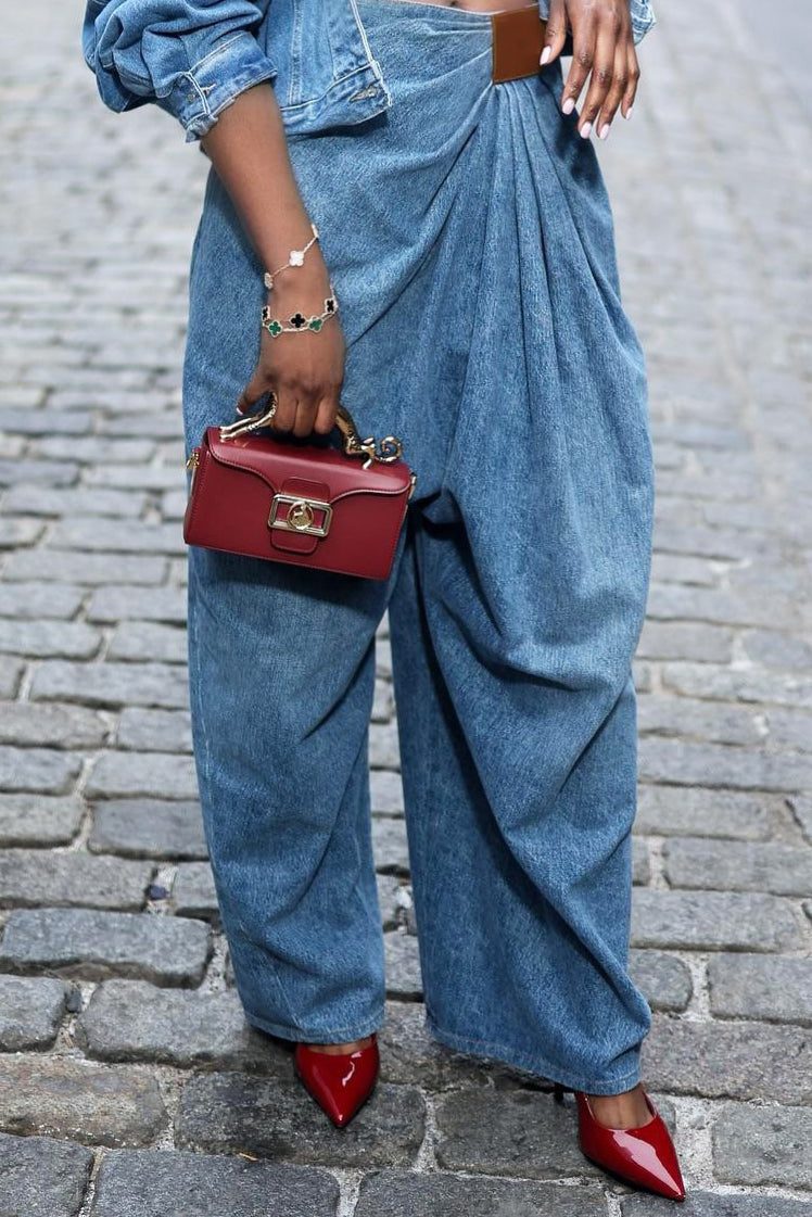 Street Drape Wrinkle Patch Pu Jeans*