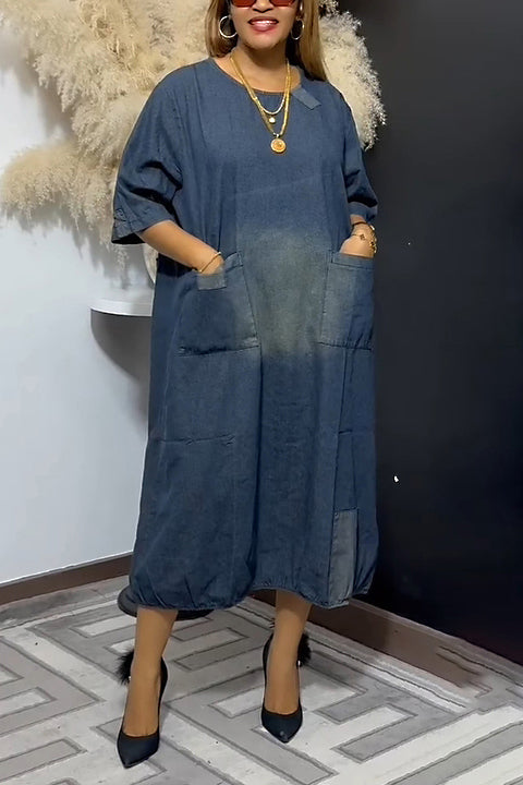 Casual Patch Double Pocket Denim Dress*
