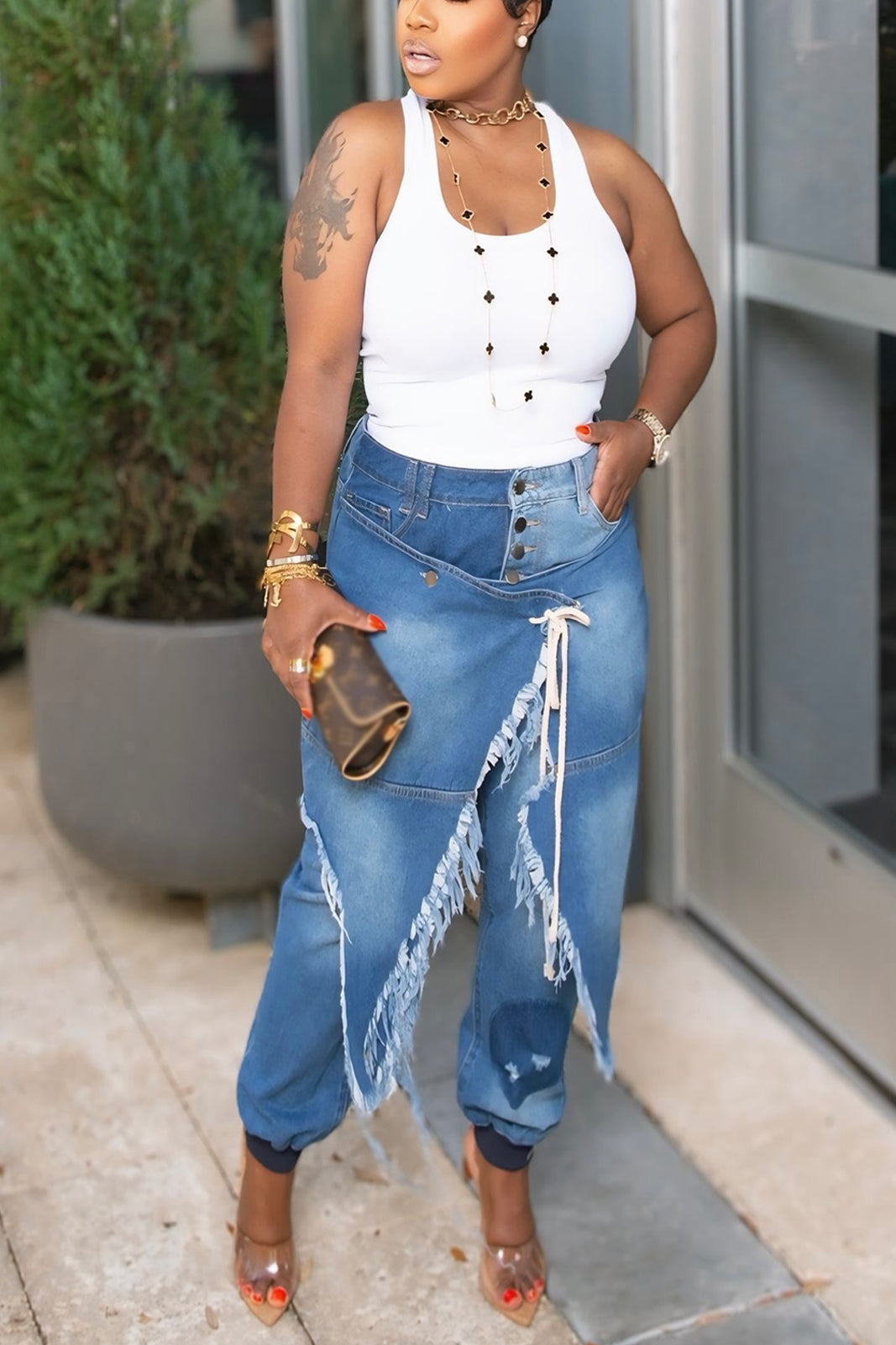 Street Fashion Ripped Lace Up Ribbed Cuff Jeans*