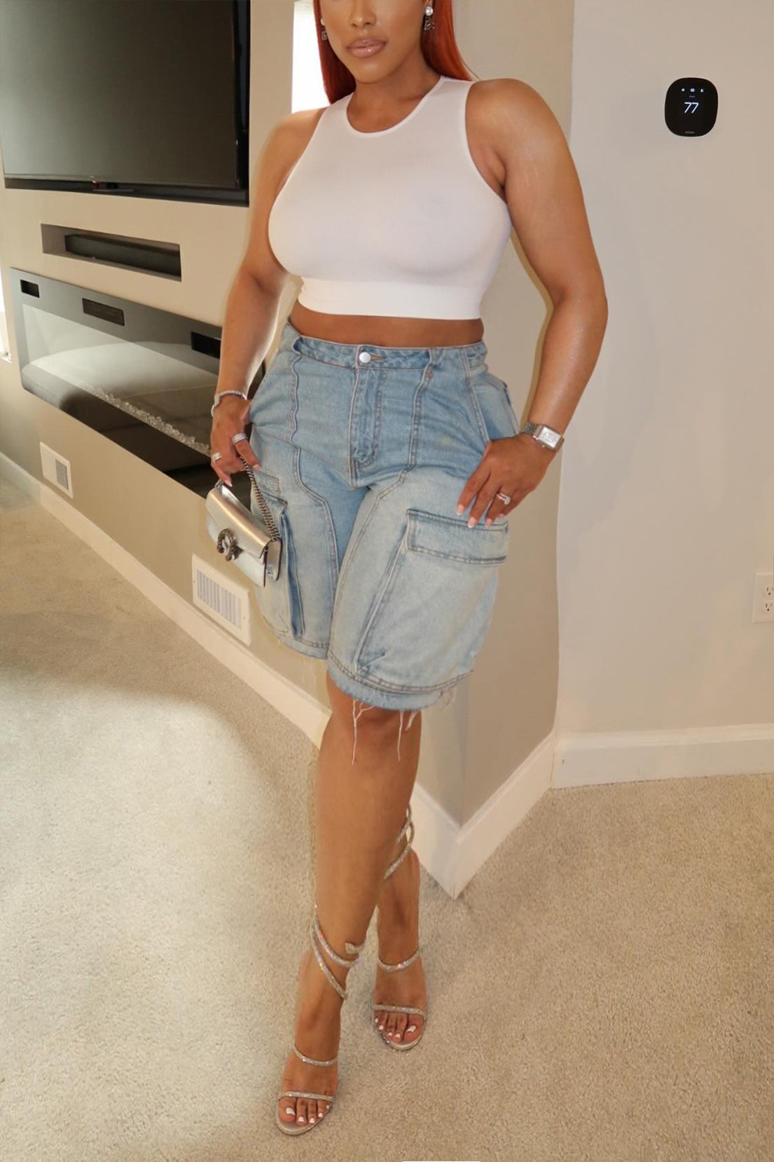 Street Pocket Distressed Fringe Work Denim Shorts*