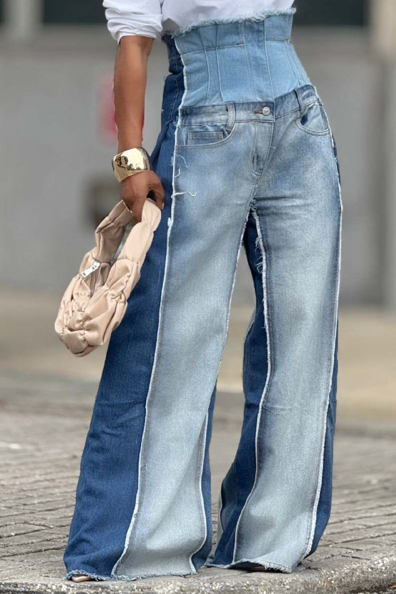 Fashion Street Washed High Waist Colorblocked Beard Jeans*