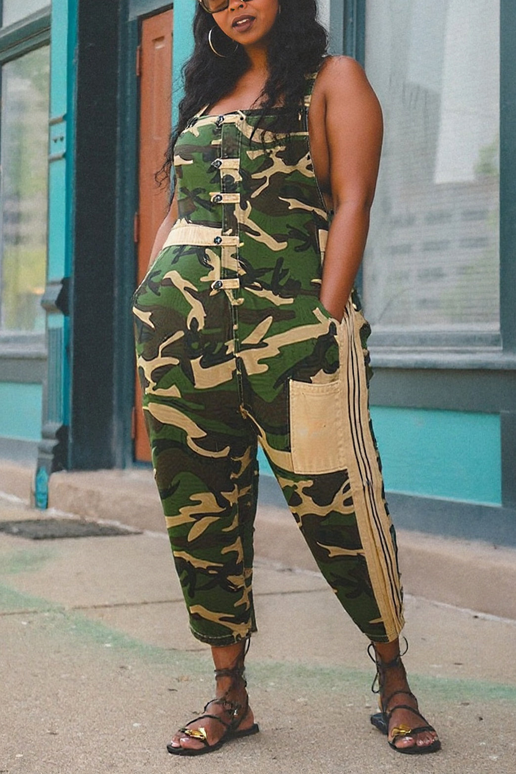 Street Camouflage Print Cropped Denim Overalls*