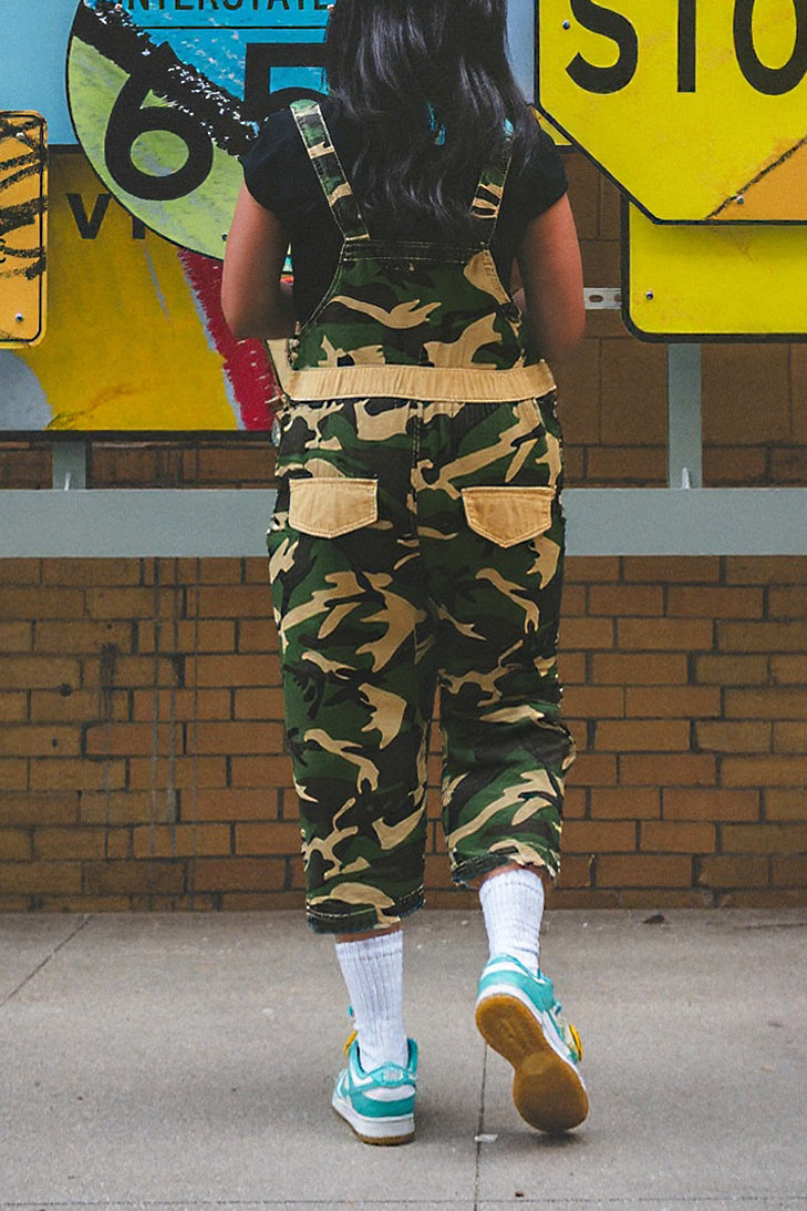 Street Camouflage Print Cropped Denim Overalls*